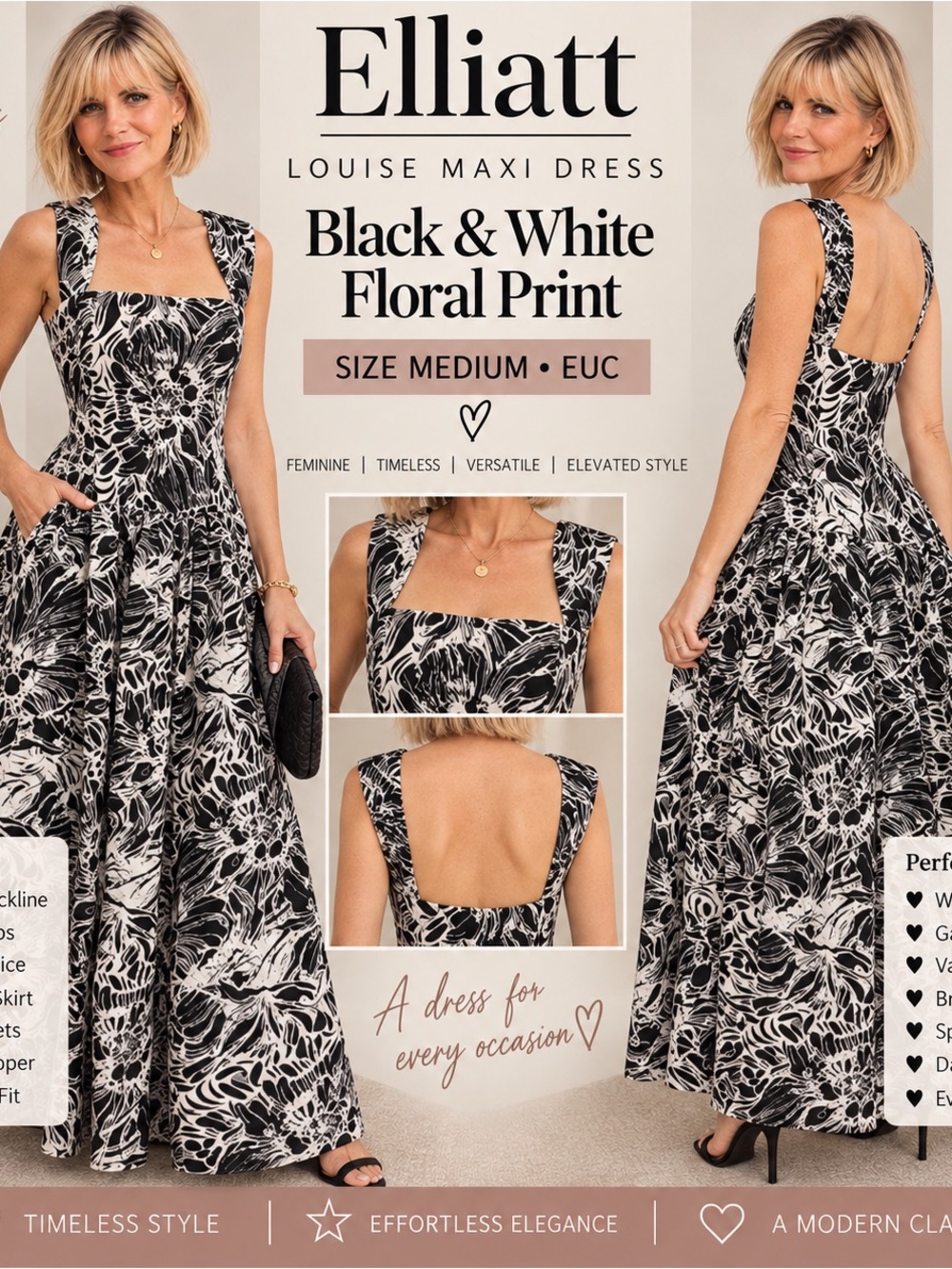 Elliatt Black & White Floral Maxi with Square Neck
